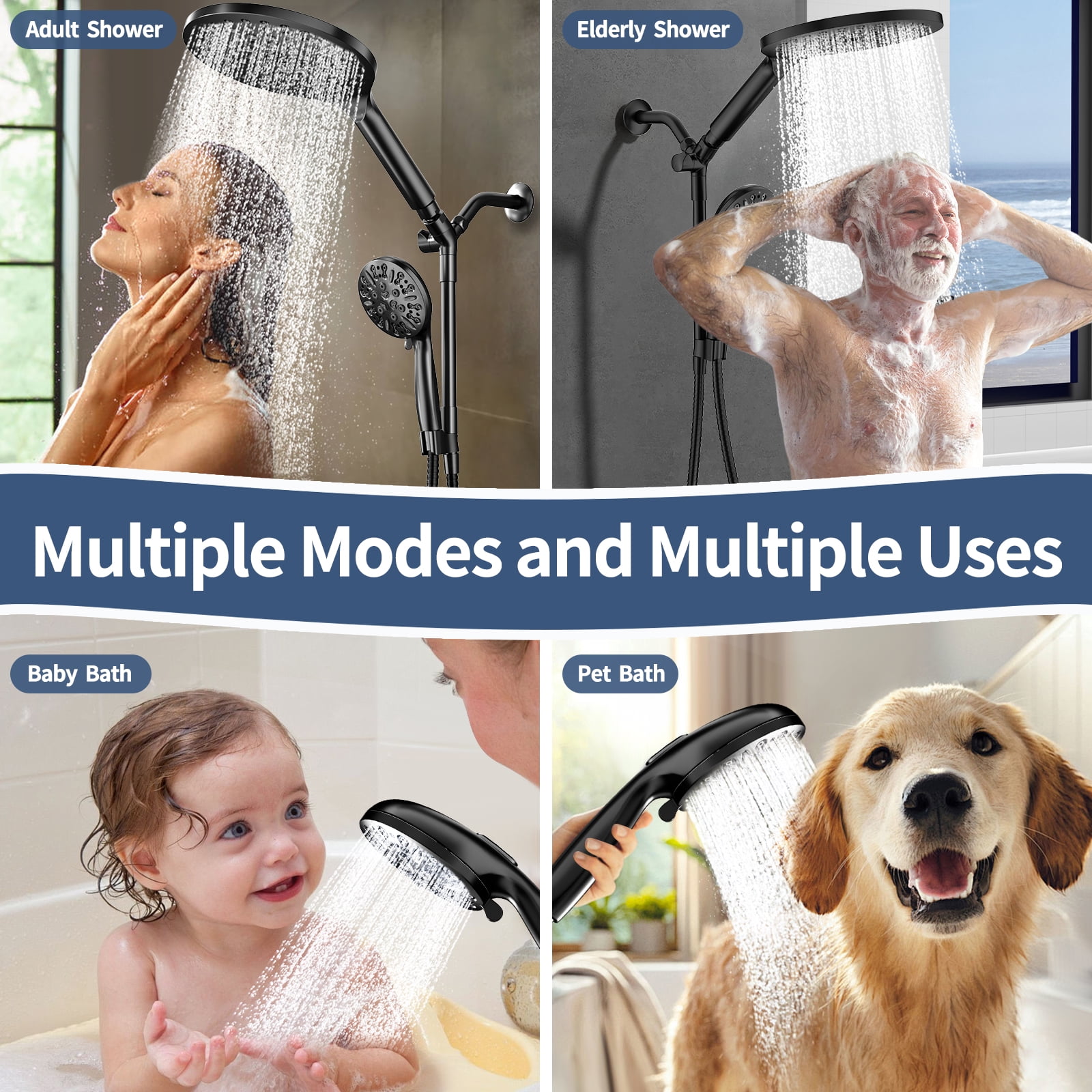 KAIYING Dual Shower Heads with Handheld Spray, 9-Mode Rain Showerhead, High Pressure, 79-Inch Hose, Matte Black
