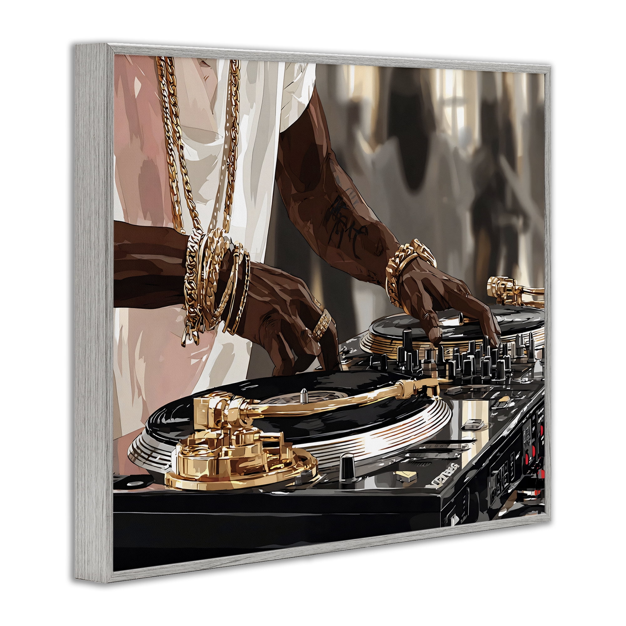 Stupell Industries Golden Sound DJ Turntables Gray Framed Giclee Art, design by Franklyn Gregory