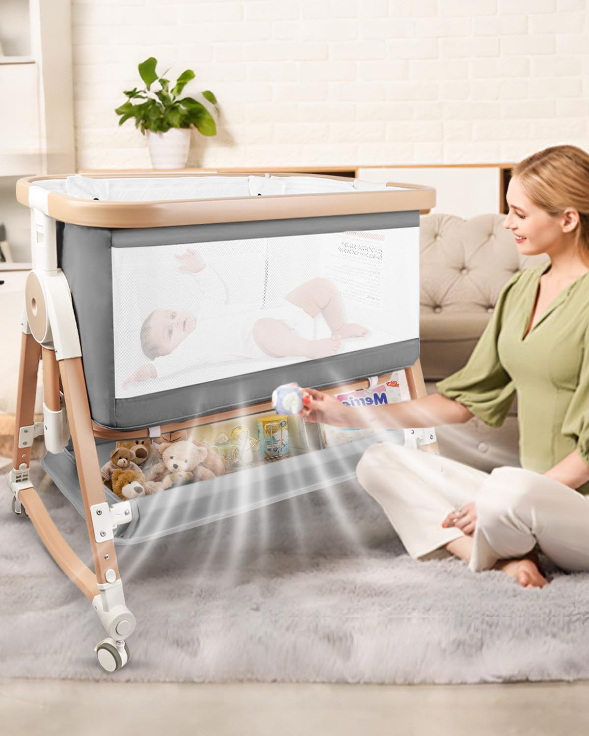 4 in 1 Baby Bassinet Bedside Sleeper W/ Wheels,Storage Basket, Adjustable 7 Heights,Mosquito Net,Breathable Mesh Cradle for Infants Toddler,Grey