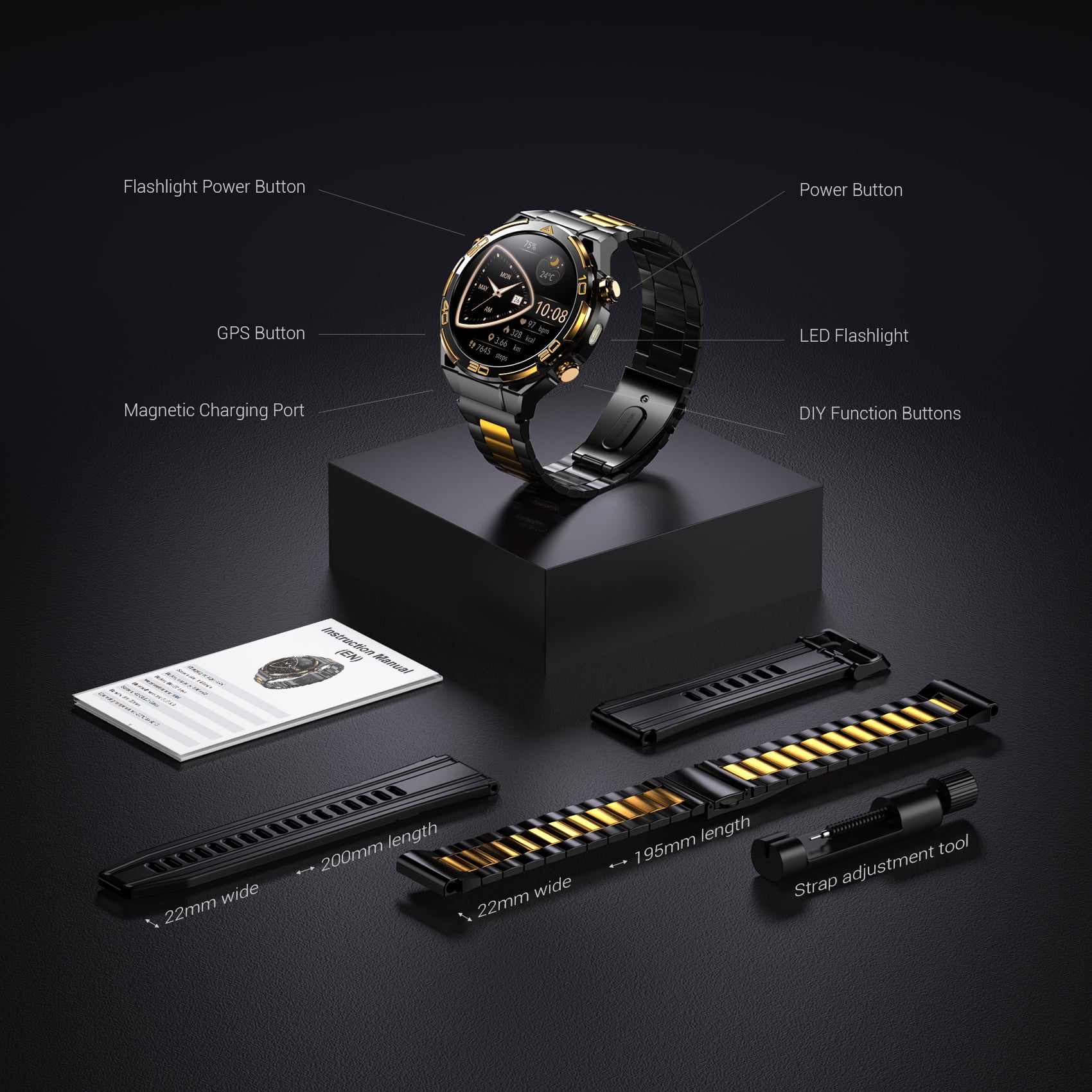 Blackview AMOLED GPS Smart Watch for Men, 1.43" HD Display Bluetooth Calling Smartwatch with Steel Band, Compass, Flashlight, 900mAh Battery, Outdoor Fitness Watch for Android iPhone(Black)