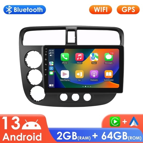 Hizpo Android Auto Apple CarPlay Bluetooth 64GB Wifi AUX 9" Touch Screen Car Stereo Radio Head Unit Multimedia GPS Navigation Player For Honda Civic 2000 2001 2002 2003 2004 2005 2006
