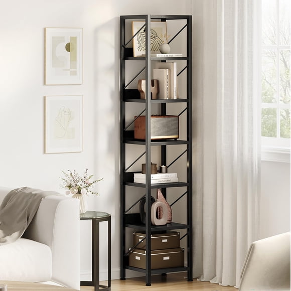 Ourlova 6 Tier Narrow Bookcase Tall Skinny Bookshelf Rustic Corner Shelf Small Bookshelves Industrial Bookcase for Bedroom Living Room Home Office Black