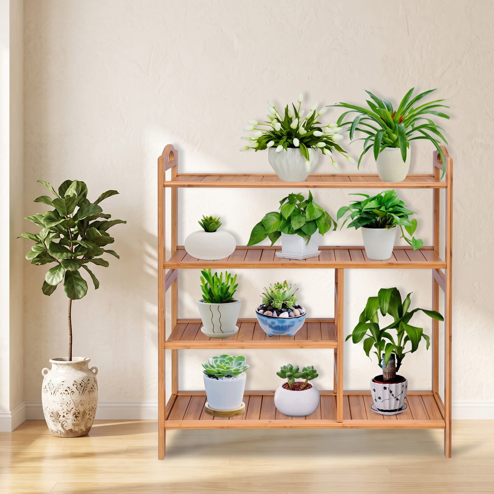 Furnibear 4-Tier Bamboo Shoe Rack with Tall Boot Shelf and Side Handles for Entryway Hallway and Closet Storage, Natural