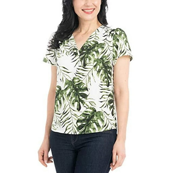 Hilary Radley Women's Short Sleeve Printed Blouse (X-Small, Green)