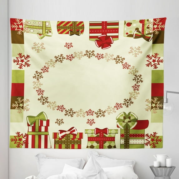 New Year Tapestry, Star Shaped Snowflakes with Ornamental Boxes Abstract Christmas, Fabric Wall Hanging Decor for Bedroom Living Room Dorm, 5 Sizes, Green Brown Pale Green, by Ambesonne