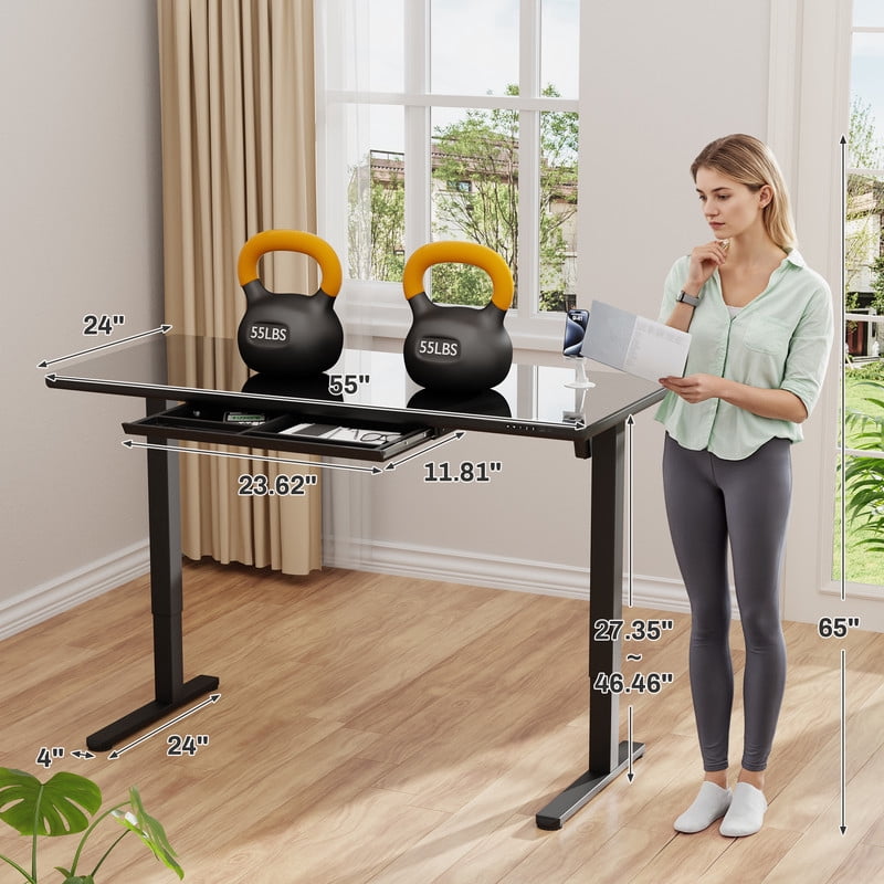 Homall 55" x 24" Glass Top Electric Standing Desk with Drawer, Height Adjustable Desk with Phone Stand & Charging Ports, Sit Stand up for Home Office,Black