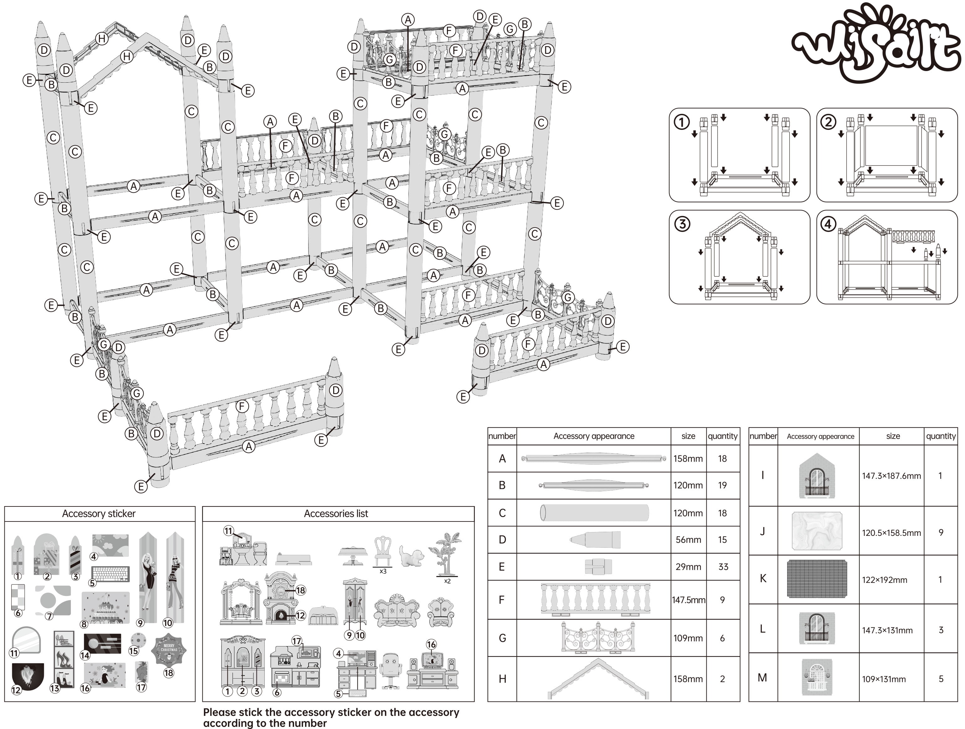 Wisairt Doll House for Girls, DIY Dollhouses Set with 6 Rooms 3
