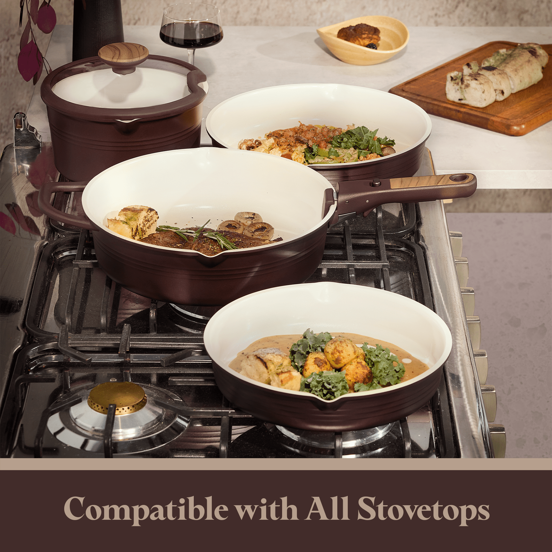 Carote 22 Pcs Ceramic Cookware Set, Pots and Pans with Detachable Handles, Oven Safe, Induction Cookware, Stackable Kitchen Cooking Set, Brown