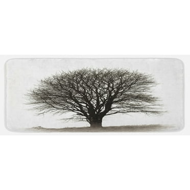 Grey Kitchen Mat, Photo of a Big Tree on a Field Branches Fall Season Monochromic Landscape Art, Plush Decorative Kitchen Mat with Non Slip Backing, 47" X 19", Beige Black, by Ambesonne