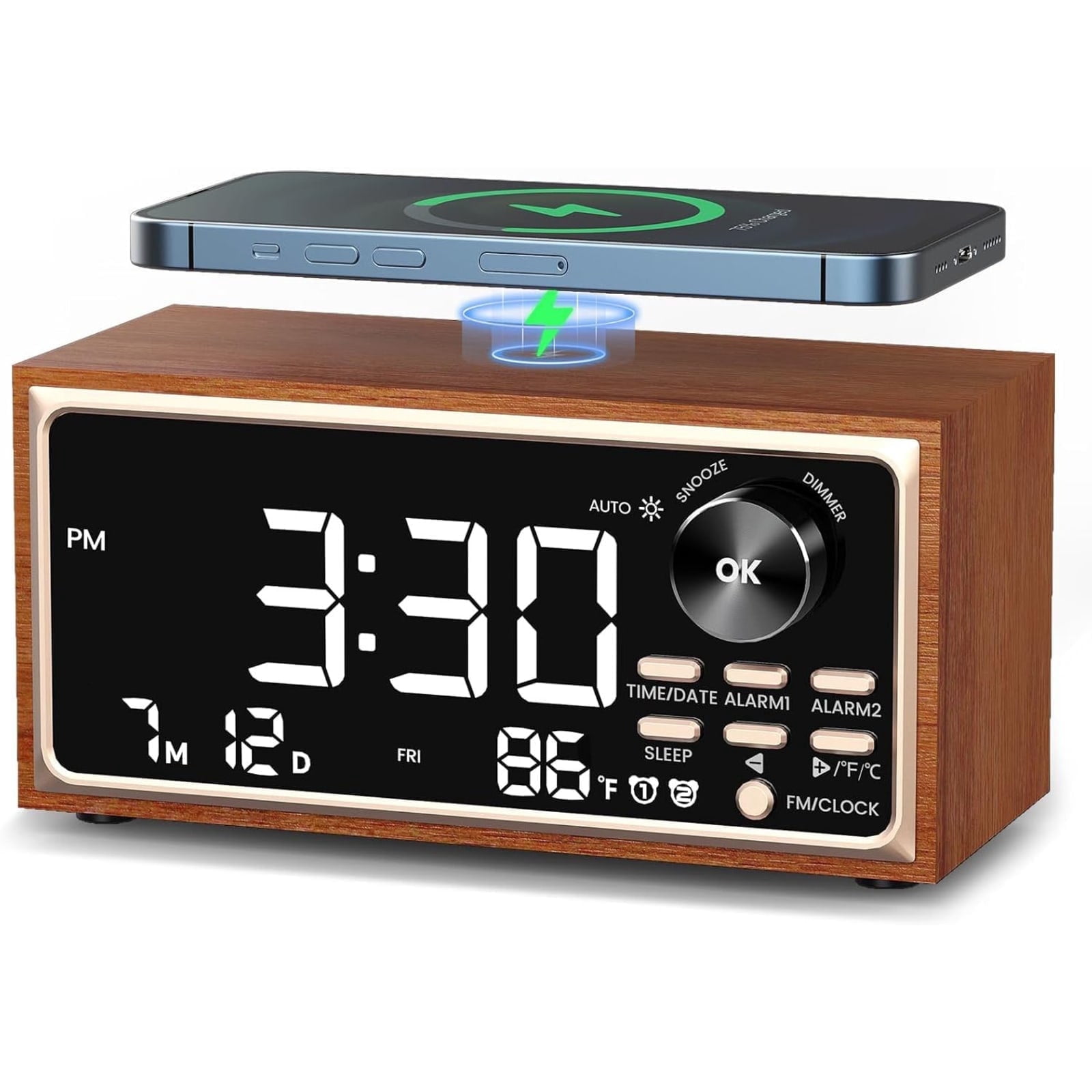 ZHENYEMEI Digital LED Alarm Clock, Vintage Alarm Clock Radio with Fast Wireless Charging, White Noise Sound ZHENYEMEI Digital LED Alarm Clock, Vintage Alarm Clock Radio with Fast Wireless Charging, White