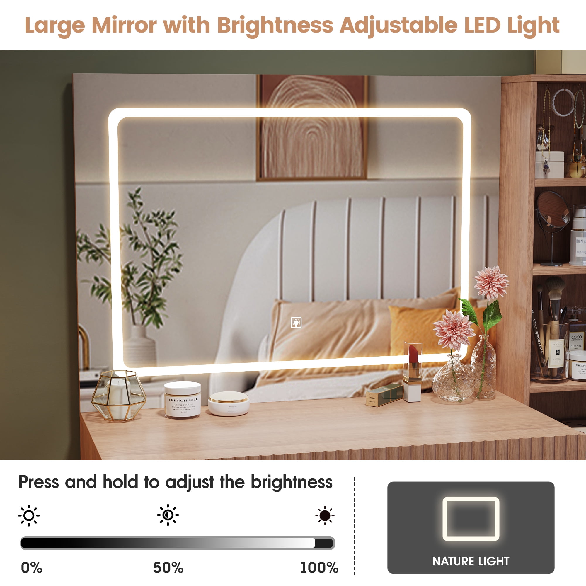 Vanity Desk with Mirror and Lights, Makeup Table with USB Charging Station, 2 Drawers and Storage Shelves, Brown