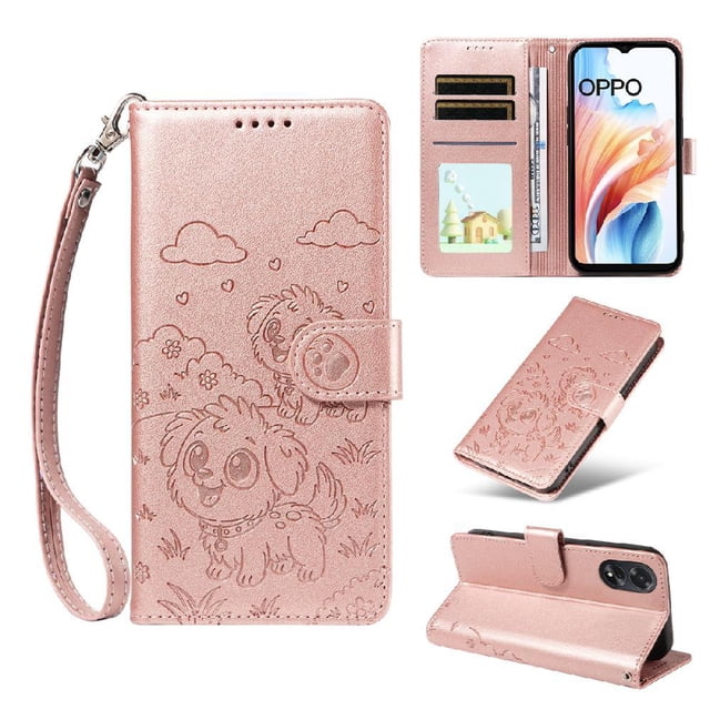 Funda Cartera GANGXUN con Diseño de Perrito en Relieve para OPPO A38 4G/A18 4G , Protección 360° con Ranuras y Correa Desmontable