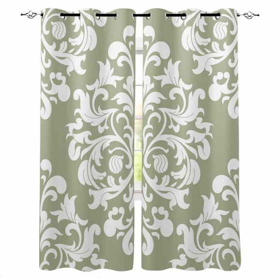 Fsddascl Baroque Sage Green Blackout Curtains for Bedroom/Living Room, Thermal Insulated Kitchen Curtains, Vintage Damask Classic Floral Grommet Darkening Window Treatment Drapes 42"x84"x2