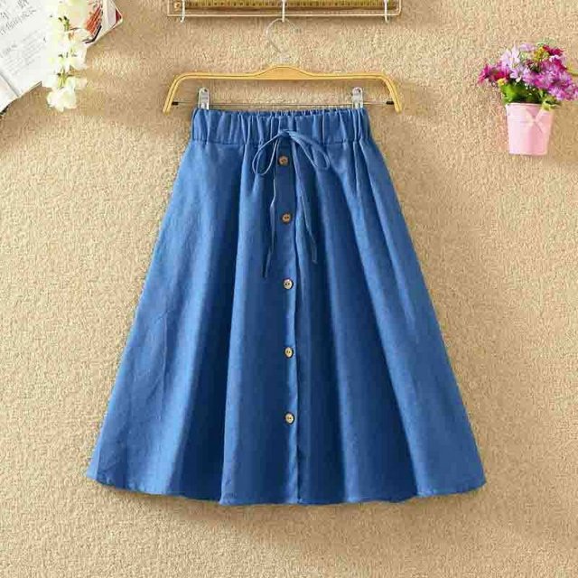 Mode Femmes Jupe Rétro Taille Haute Plissée Jupe Midi Denim Jupe à Poitrine Unique