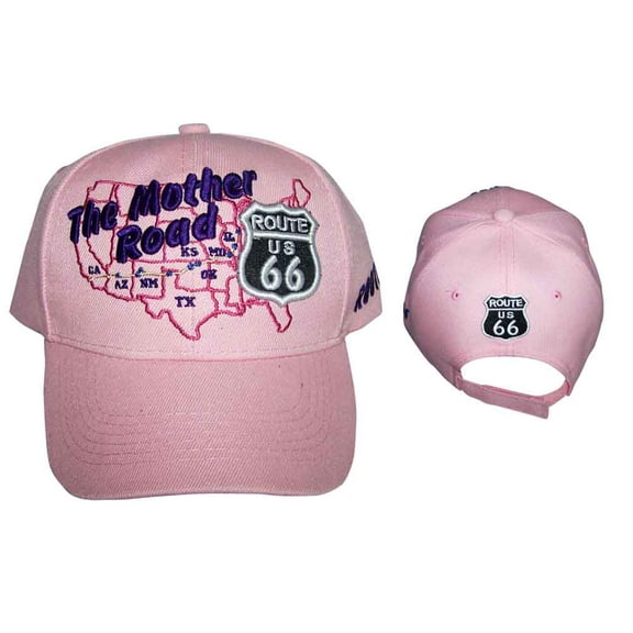 Route 66 Map Embroidered Baseball Caps - .The Mother Road - Pink Color -- FREE USA Shipping -- (7508CS-P)
