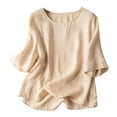 thumbnail image 2 of Aobny Plus Size Women's Tshirt Beige Linen T-Shirt Elbow-Length Crew Neck Womens Tops Summer,XXL, 2 of 9