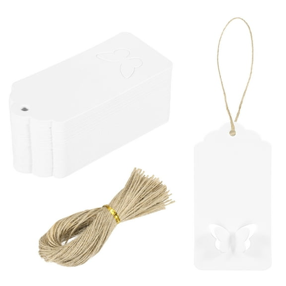 100Pcs Kraft Paper Gift Tags with String, 3.5 x 1.6 Inch Wave Shape Paper Labels White Gift Tags