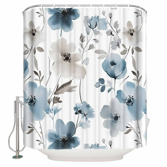 Abstract Blue Shower Curtain, 36" x 72", Brown Floral Vintage Watercolor Blossom Flowers Waterproof Bathroom Curtain Washable Shower Curtain Set with 12 Hooks