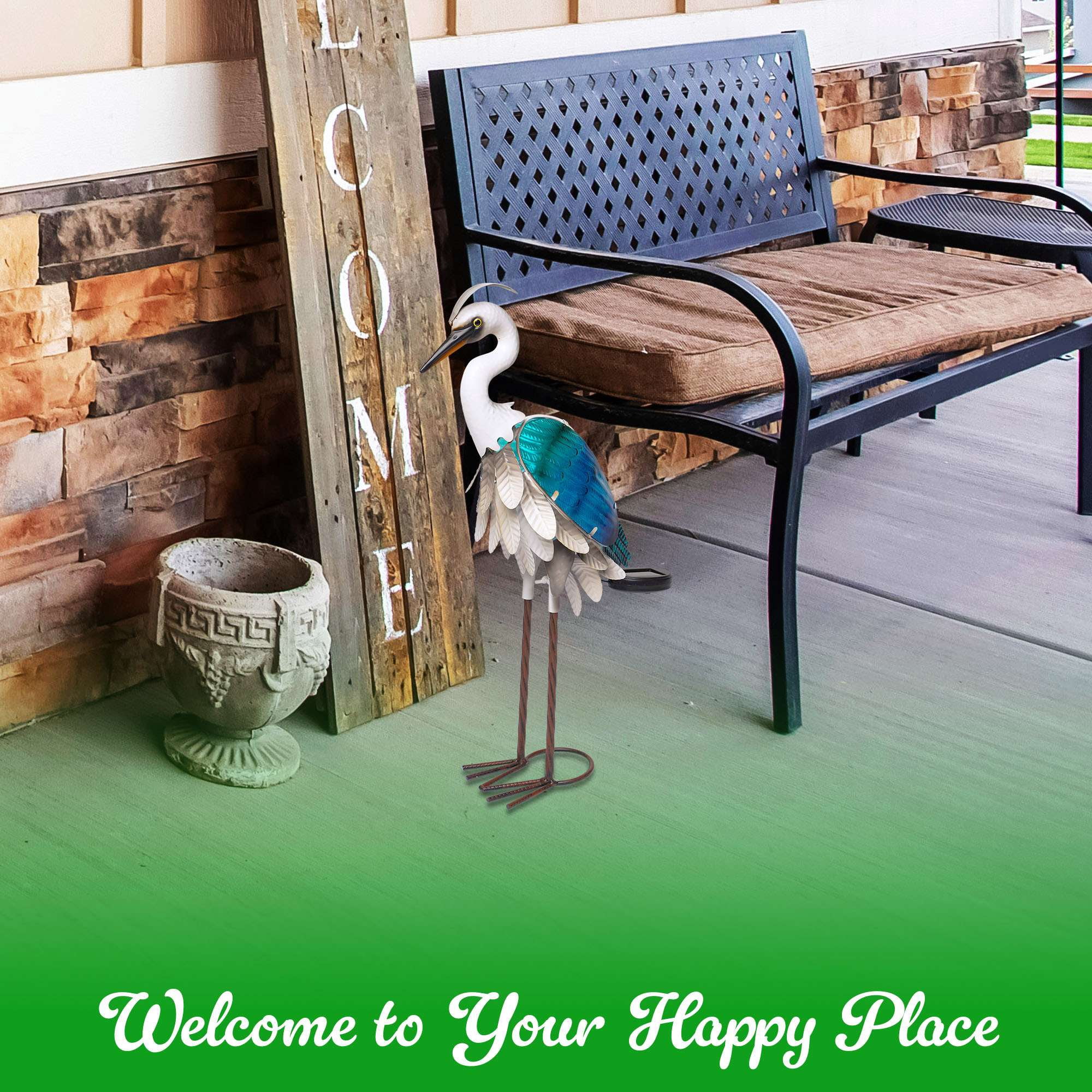 G128 Solar Metal Heron Statue 24" Outdoor Decor with LED Light, Colorful Yard Art for Lawn Patio