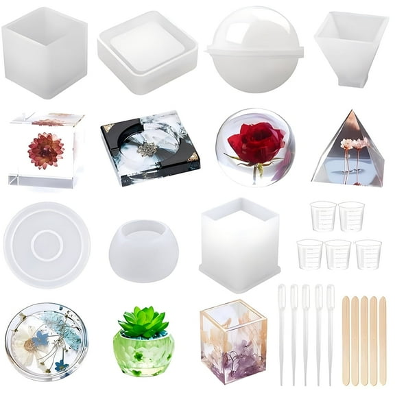 Resin Molds Silicone Kit Epoxy Resin Molds Used for Create Art DIY Ash Trays Coasters Candles Set Tools 21 Pcs