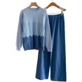 thumbnail image 3 of Knitted Sets for Women 2 Piece Long Sleeve Crewnceck Pleated Top Elastic Waist Wide Leg Pants Casual Loose Color Block Suit Fashion Fall Winter Cozy Warm Outfits, 3 of 4