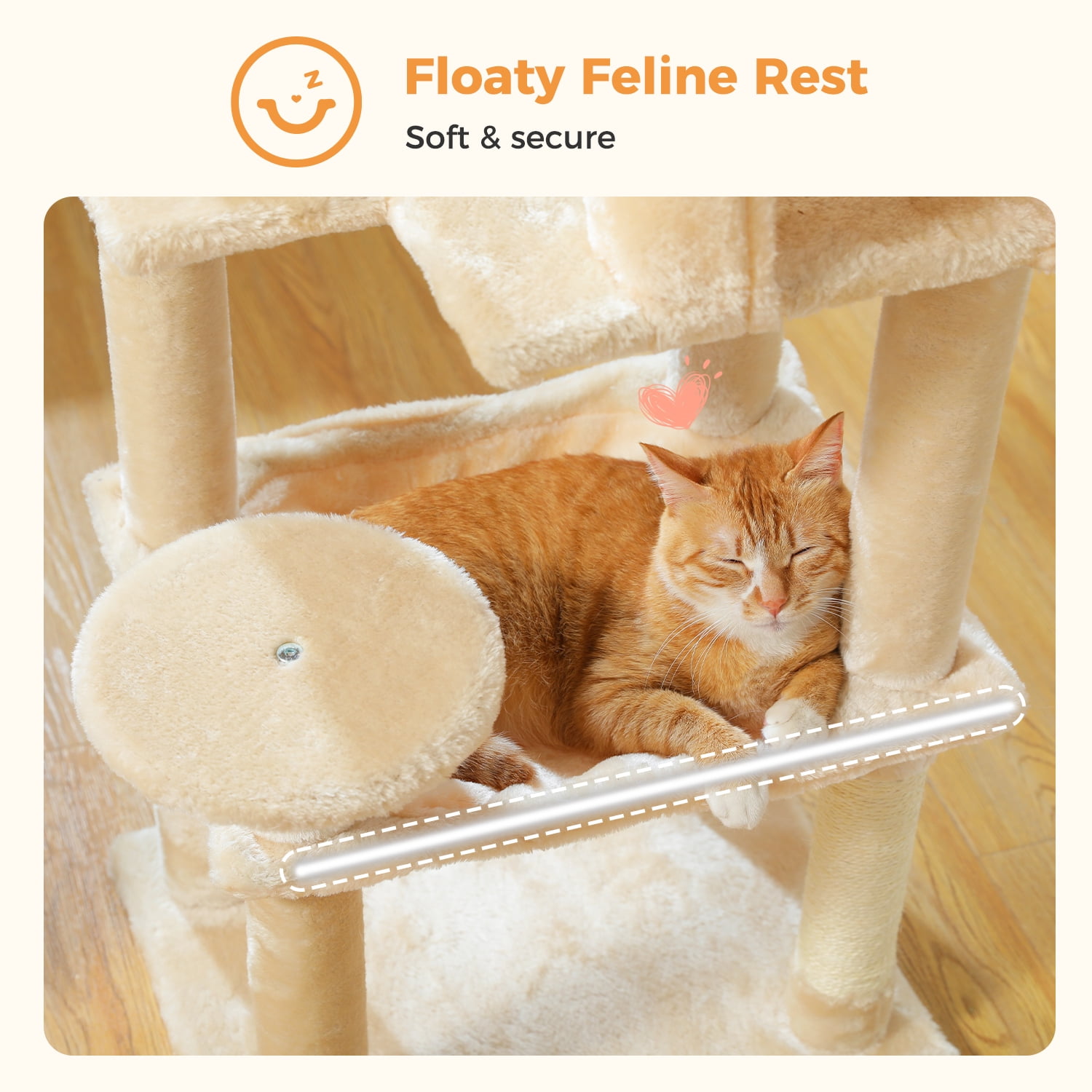 PAWZ Road Cat Tree Condo 46”with Sisal Covered Scratching Posts Tower Deep Hammock and Large Perch for Small Cats, Beige