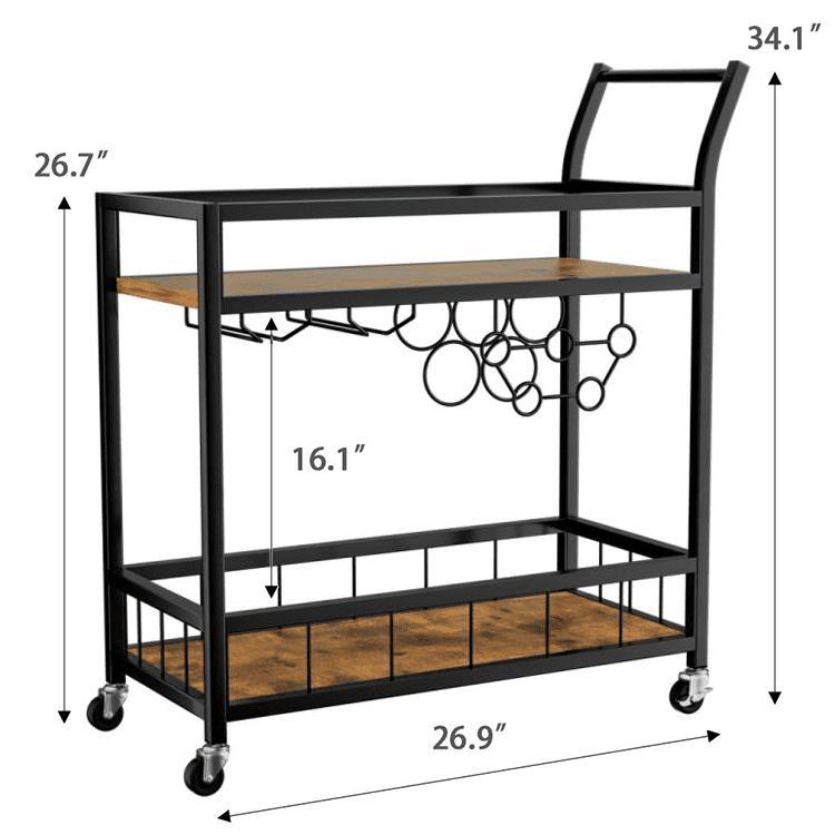 Lacoo Bar Cart Gold, Home Bar Serving Cart, Wine Cart with 2 Shelves, Wine Holders, Glass Holders, for Kitchen, Dining Room, Black