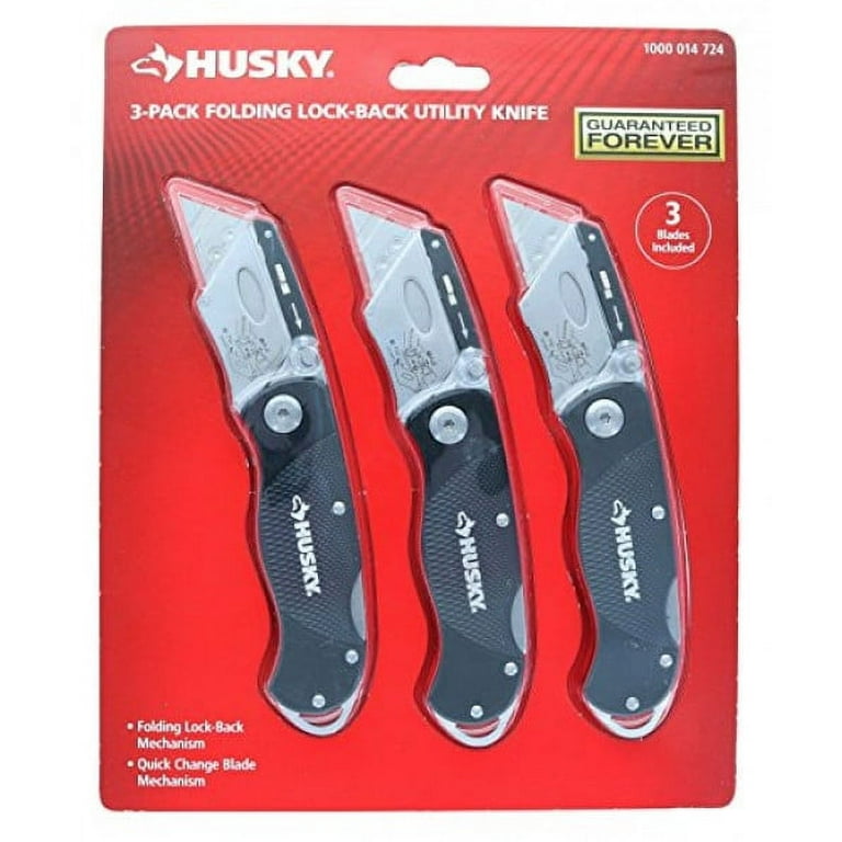 Husky Folding Sure-Grip Lock Back Utility Knives Multi Pack (3 Piece Set: 3  x Husky Knives w/ Blades) (Colors Vary) 