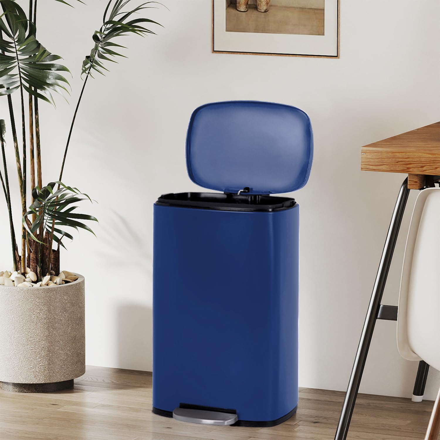 CL.HPAHKL 50 Liter / 13 Gallon Trash Can, Stainless Steel Kitchen Trash Can with Removable Inner Bucket Garbage Can with Lid Step Trash Can for Home Office, Brushed Stainless Steel Finish, Deep Blue
