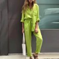 thumbnail image 4 of Clearance!Brilliant Two Piece Summer Outfits Women Women's Solid Color Round Neck Short Sleeve Tops and Pants Sets with Pockets Green M, 4 of 9
