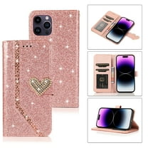Shining Wallet Case for iPhone 14 Pro Max with Card Slots Holder Kickstand Flip Folio Cover, Sparkle Bling PU Leather Diamond Heart Love Magnetic Clasp Stylish Case for Women Girls, Rosegold