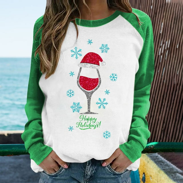 Pntutb Mujer Primavera Patchwork Navidad Impreso Manga Larga Cuello Redondo Casual Tee tops Pntutb Pntutb-2087
