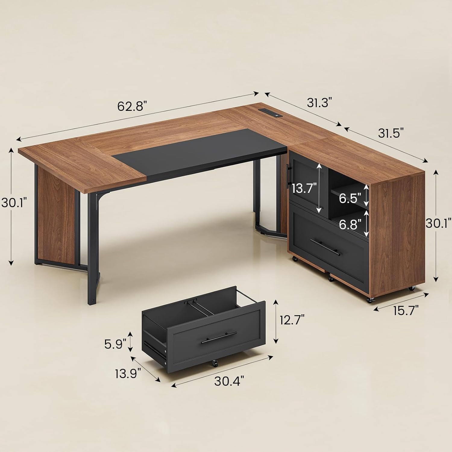 63" L Shaped Executive Desk with Mobile File Cabinet, Modern Corner Computer Desk with Power Outlets, Desk Business Workstation Set, Walnut