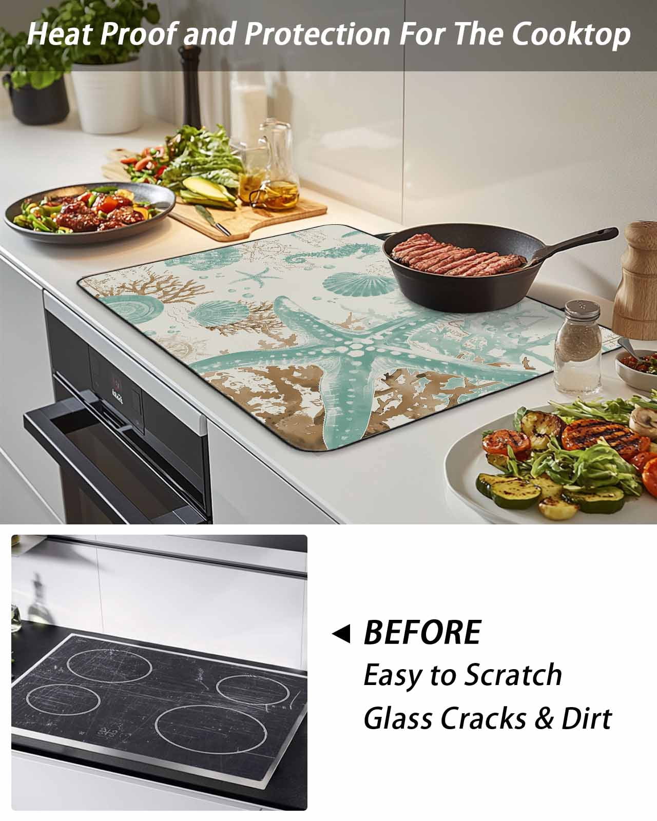 Stove Top Covers for Electric Stove, Aqua Coastal Starfish Glass Stovetop Cover Protector, Farmhouse Nautical Seahorse Coral Induction Cooktop Protector Oven Mat for Kitchen Countertop 36"x21"