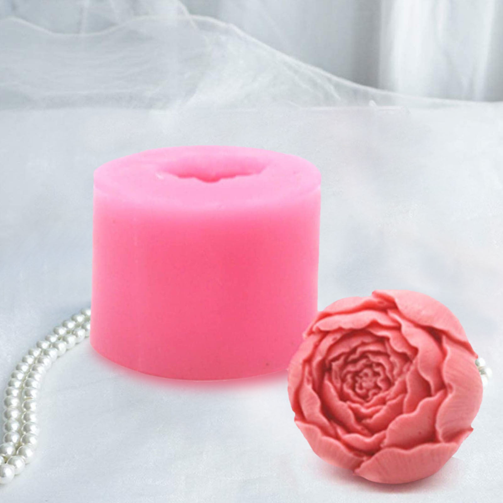 Large Rose Ball Candle Pink Mold In Showers With 3D Flowers