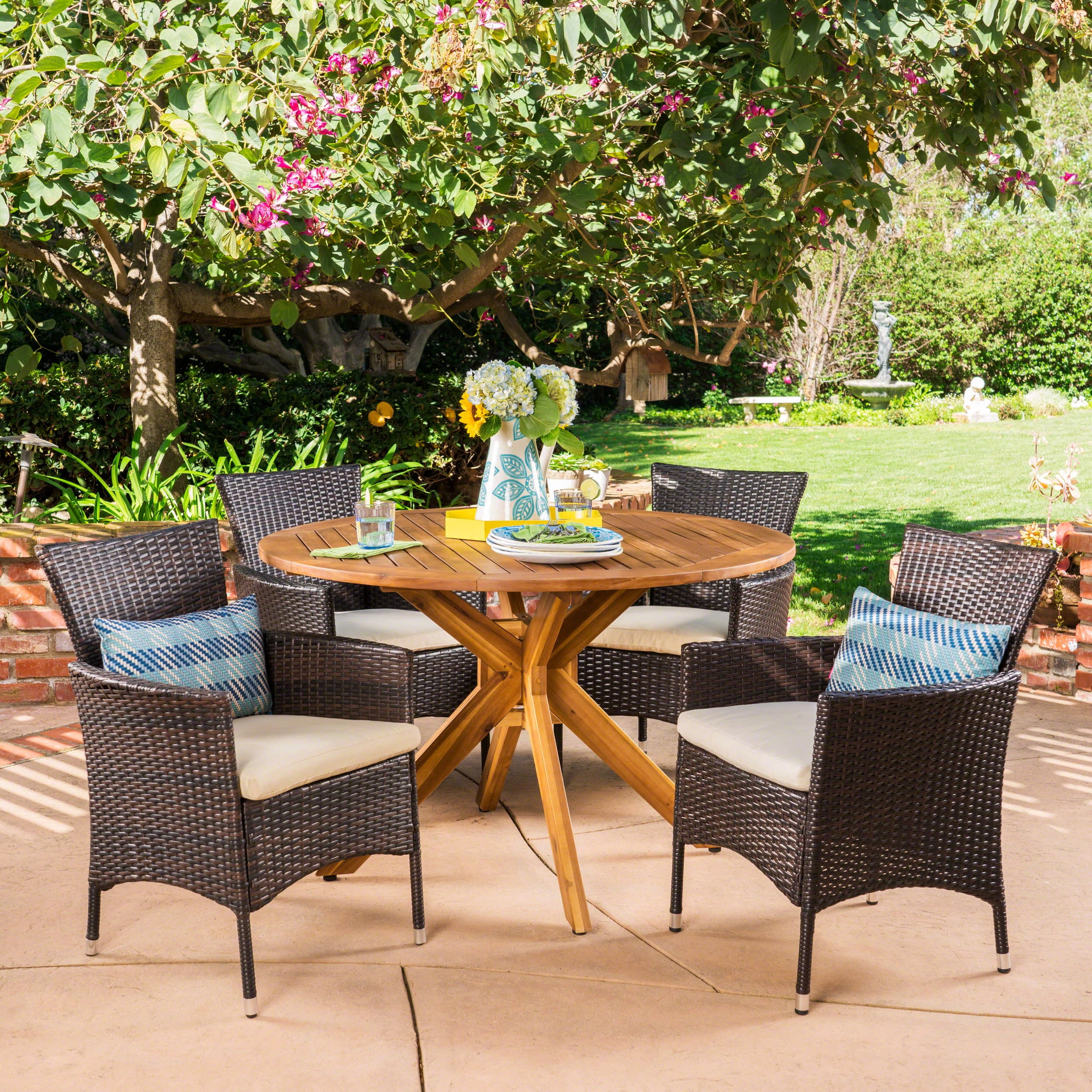 Outdoor 5 Piece Wicker Dining Set with Circular Acacia Wood Dining Table and Cushions,Beige,Multibrown,Teak