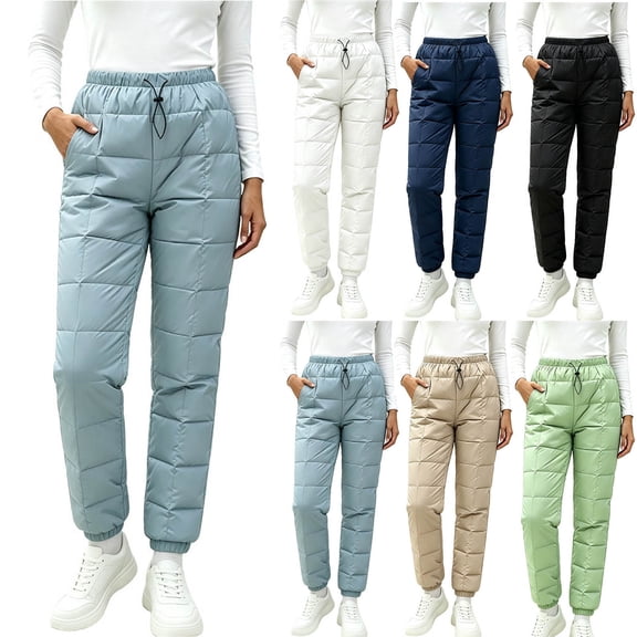 XUNKUSGA Snow Pants Womens Winter Windproof Down Pants Classic Solid Color Ultralight Warm Ski Pants Comfortable Drawstring Elastic Waist Womens Trousers with Pockets S