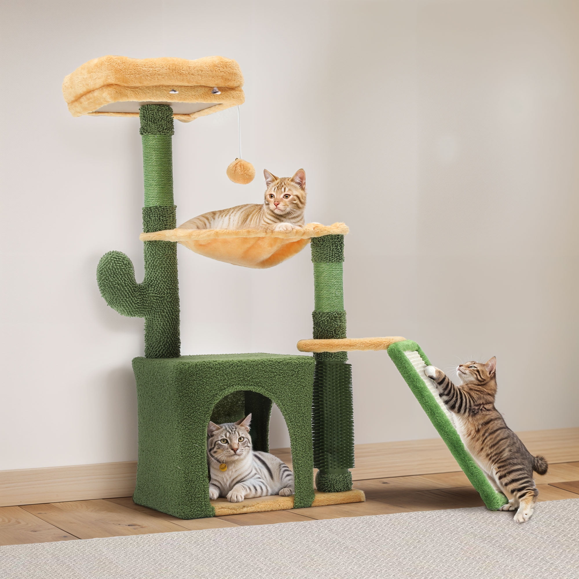 Dextrus 37" Tall Cactus Cat Tree Tower,Indoor Cat Condo with Self-Grooming Brush, Plush Platform, Hammock, Sisal Scratching Posts, and Toy Balls,Green