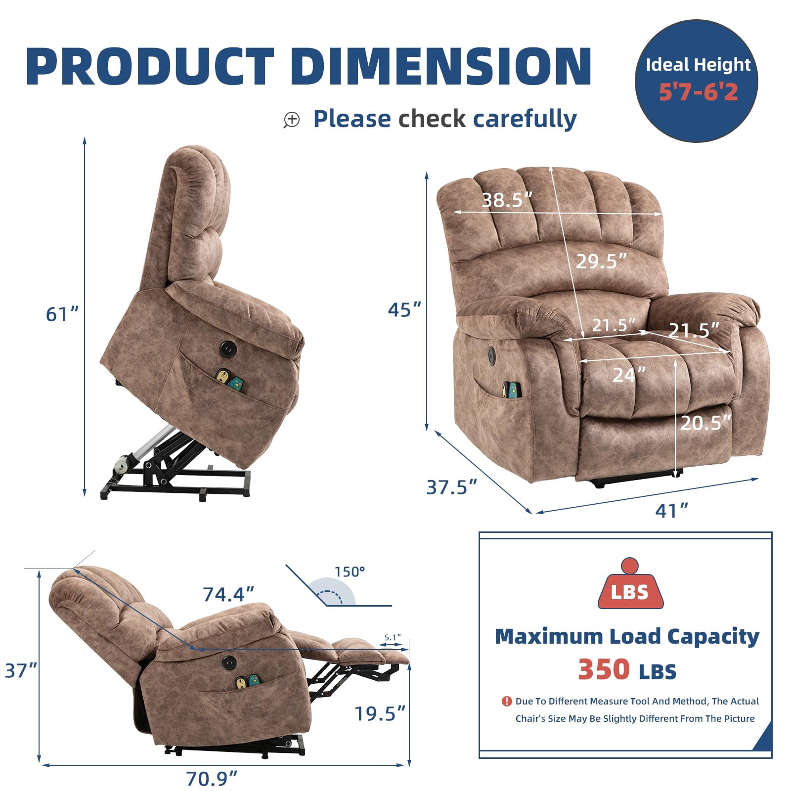 SOCIALCOMFY Large Electric Power Lift Recliner Chair with Extended Footrest for Elderly Big Man, Overstuffed Heated Massage Wide Reclining Sofa with 2 Remote Controls, Side Pockets & USB Ports, Brown