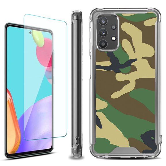 Shockproof Bumper Phone Case for Samsung Galaxy A53 5G, with Tempered Glass Screen Protector, by OneToughShield ® - Camo Green