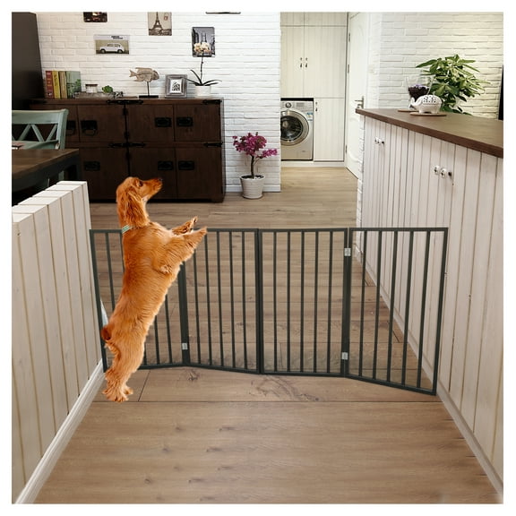 Pet Gate for Dogs - Freestanding Folding Wooden Gate for Doorways & Stairs - 73" Wide, Dark Brown - Easy Install & Storage