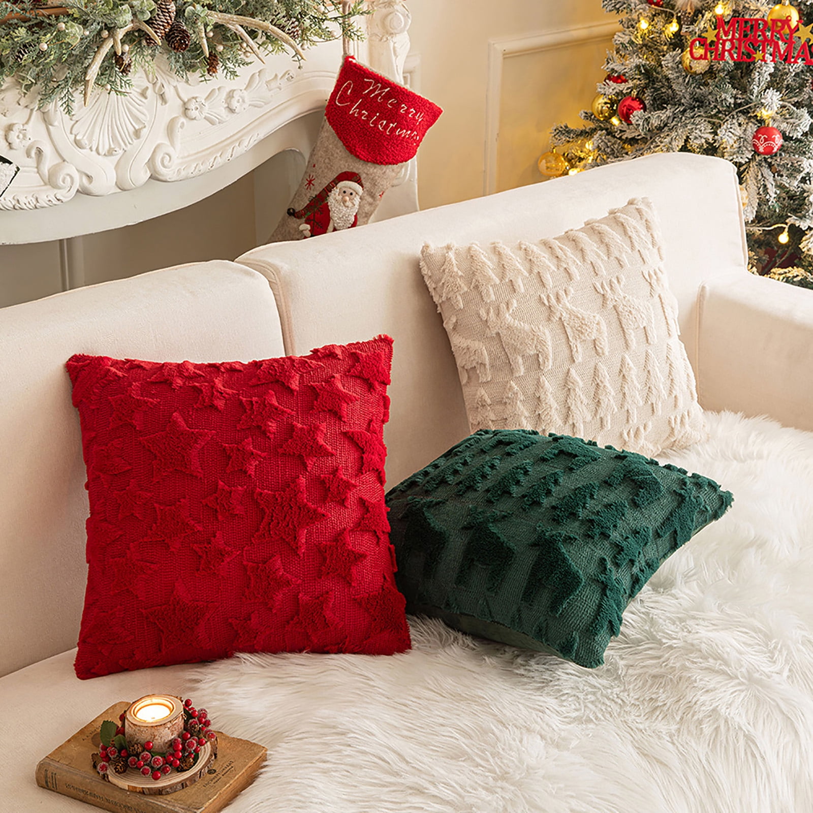 Christmas Pillow Covers 18x18 Inch Set of 2 Soft Plush Faux Fur Christmas Tree Deer Decorative Couch Cushion Case Throw Pillows Pillowcases for Couch Sofa Holiday Festivals Winter Decor
