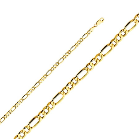 14k Yellow Solid Italian Gold 4.4mm Figaro Links Plain Polish Unisex Chain Bracelet 7.5 Inches
