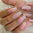 thumbnail image 5 of 24Pcs Wearable False Nails with glue Long Ballerina Pink Press On Nails French Full Cover Coffin Fake Nails tip with rhinestones, 5 of 6
