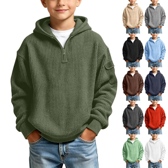 WAVSUF Boys Hoodie Half Zip Long Sleeve Loose Fit Winter Casual Sweatshirts Army Green 7-8