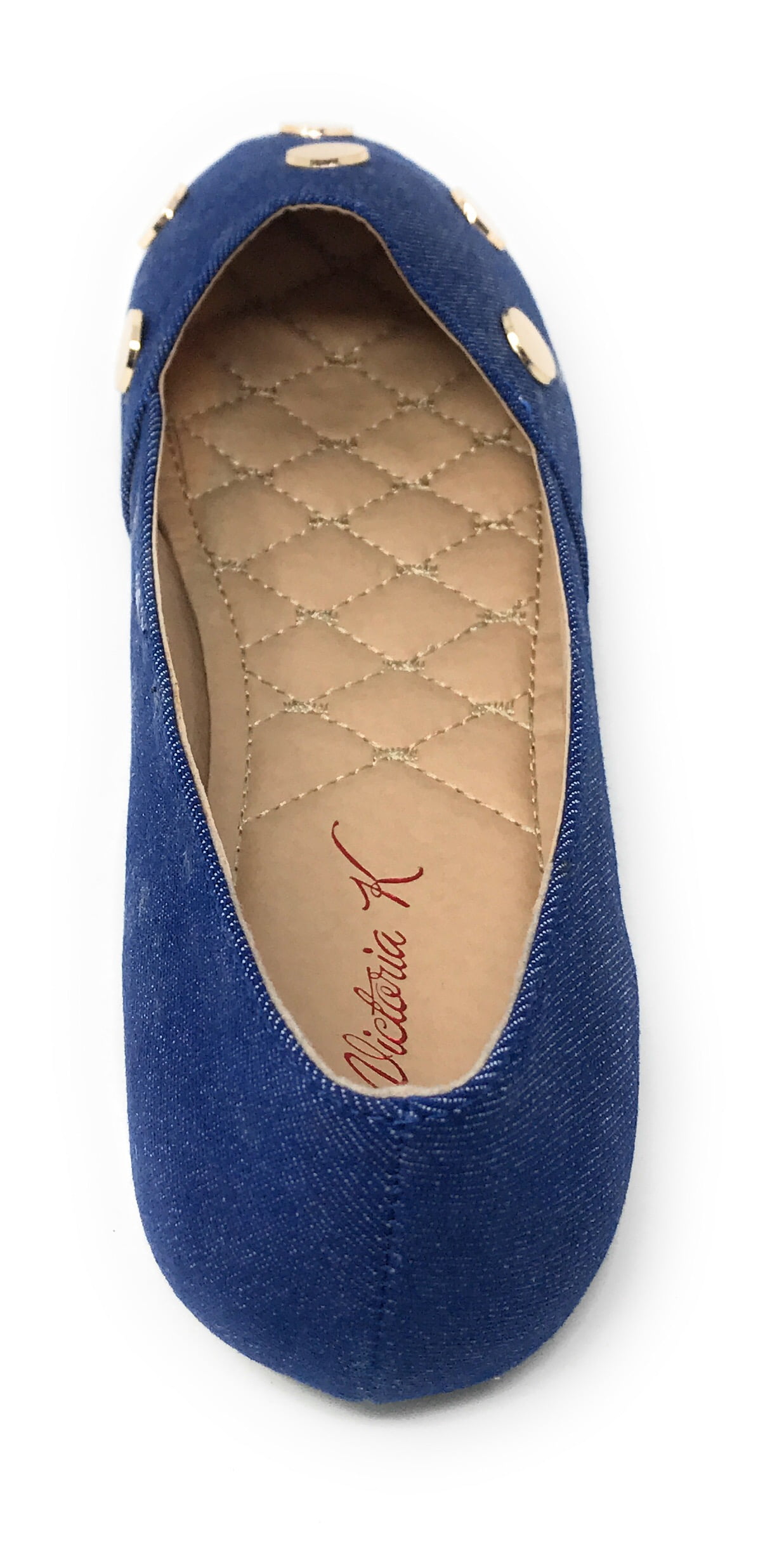 Victoria K Women's Round Gold Studs Denim Ballerina Flats