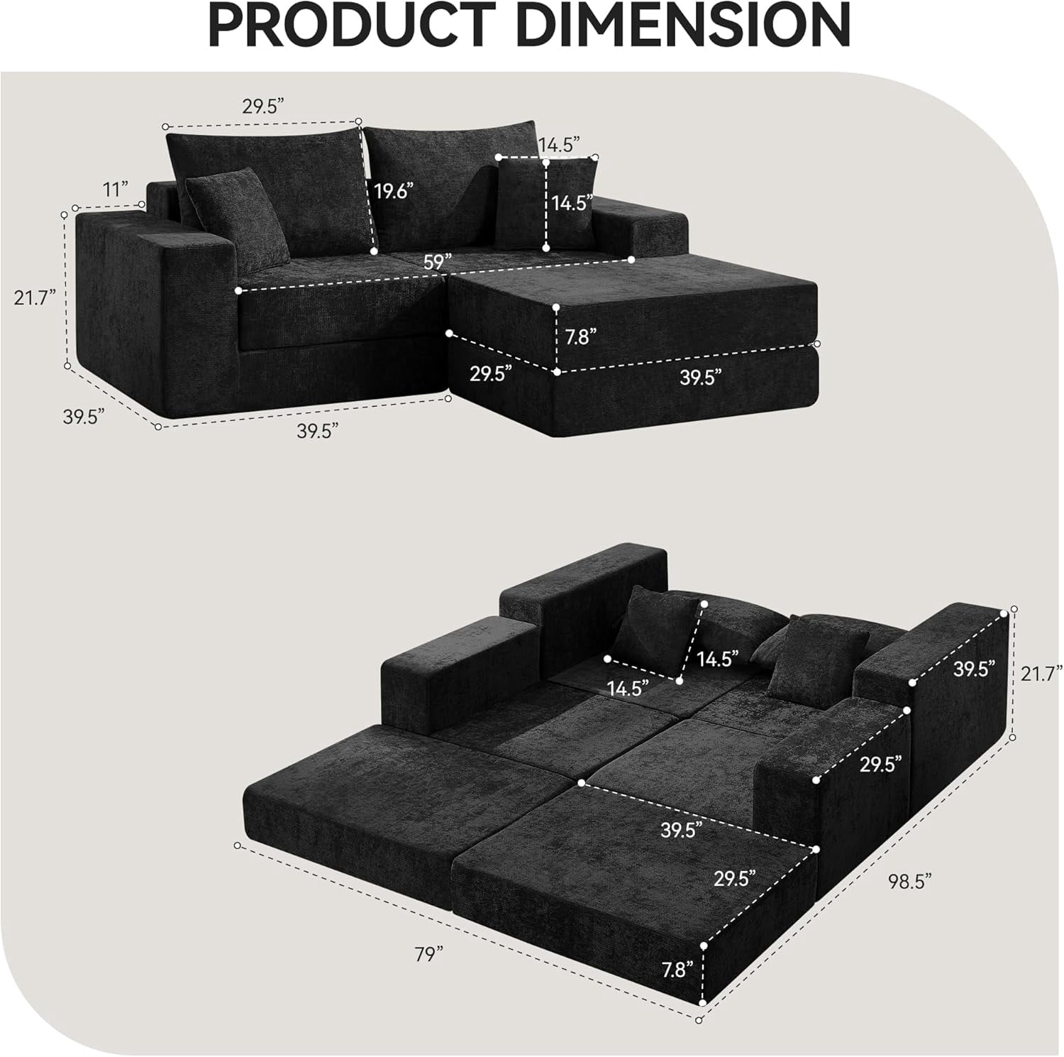79" Boneless Cloud Loveseat Sofa with Ottoman, Modular Chenille Convertible Floor Couch Bed, No Assembly, Black