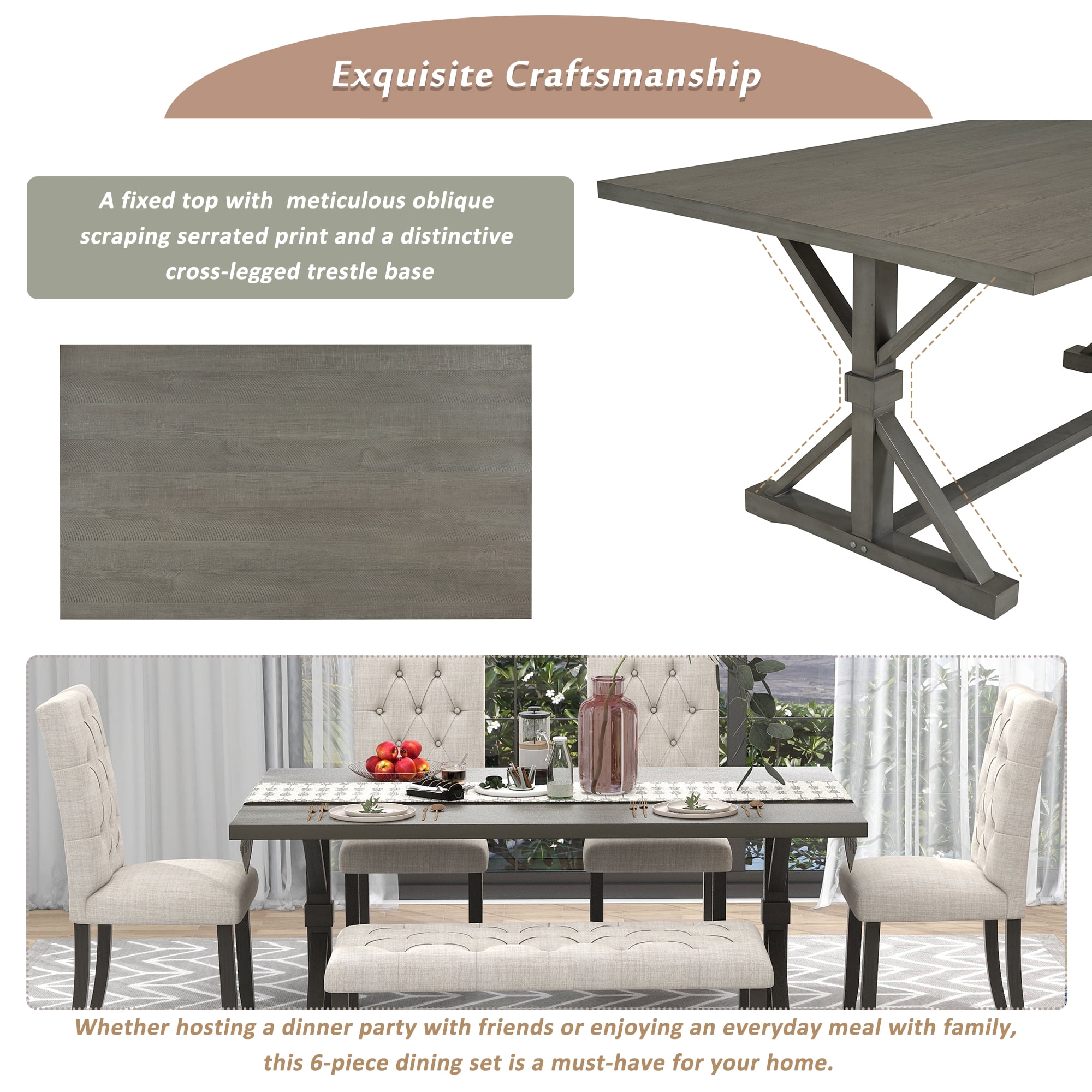 Howcool 6-Piece Farmhouse Dining Set, 72" Rectangular Wood Table, 4 Upholstered Chairs & Bench, Gray