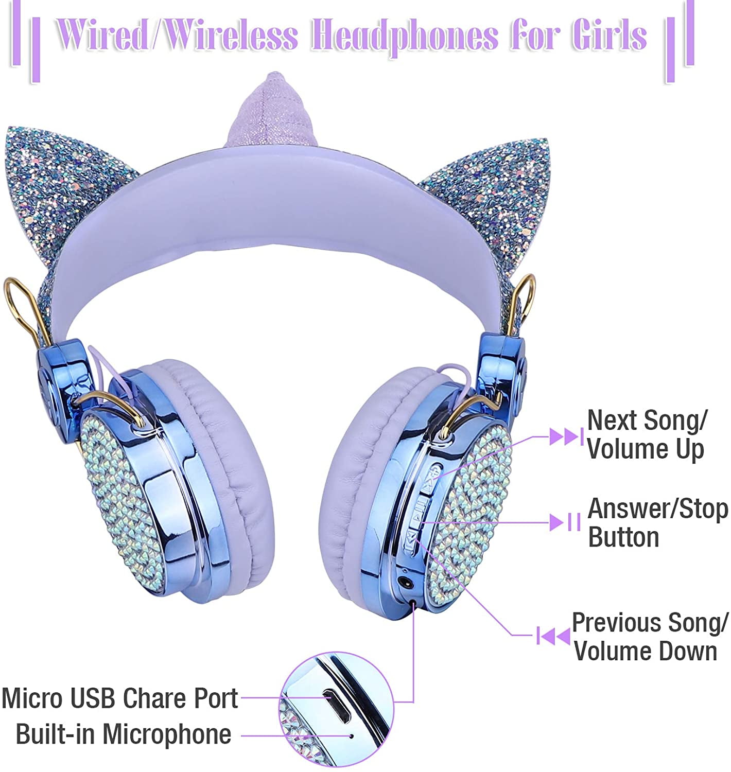 Qearfun Kids Headphones, Wireless Headphones for Toddler Unicorn Cat Ear Headphones for Boy Bluetooth Headphones with Mic Adjustable Headband, over on Ear Headset for Smartphones/School/Tablet/PC