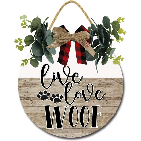 Eveokoki 12" Live Love Woof Door Sign Plaque,Welcome Wall Hanging Signs Front Door Decor Home Decorative Door Sign Wooden Plaque Hanger for Bedroom Porch Yard Decoration